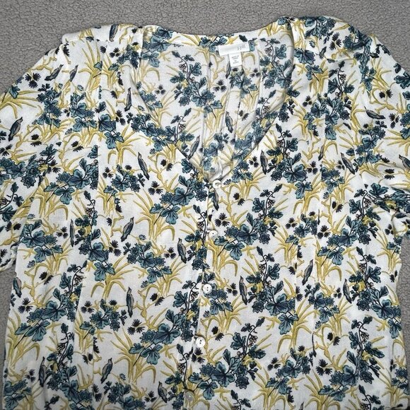 J Jill Top Extra Large Petite Blue Bird Print Green Floral Lightweight Office - Picture 1 of 14
